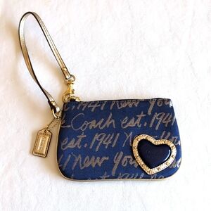 Coach Navy and Gold Heart All-over Print Wristlet Wallet